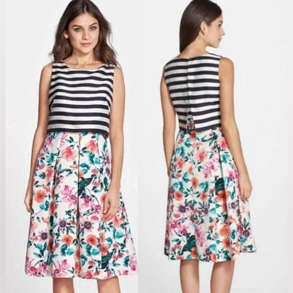 ELIZA J Mixed Print Striped Floral Popover Dress